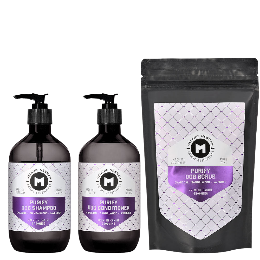 Purify Shampoo 500ml, Conditioner 500ml, Scrub 200g by Melanie Newman professional dog grooming tool Southlake Paws