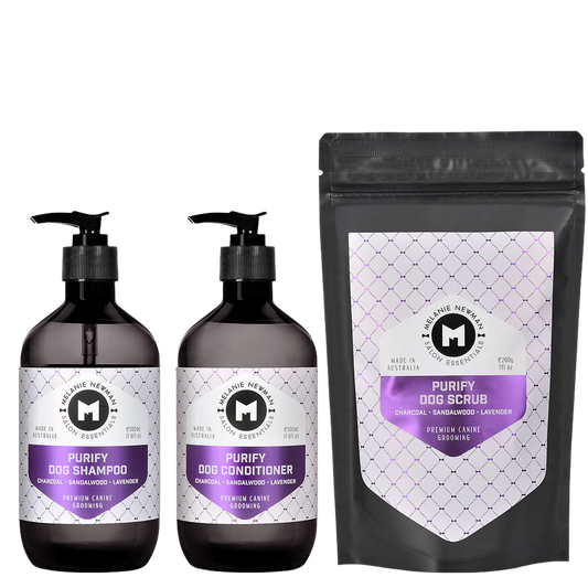 Purify Shampoo 500ml, Conditioner 500ml, Scrub 200g by Melanie Newman professional dog grooming tool Southlake Paws