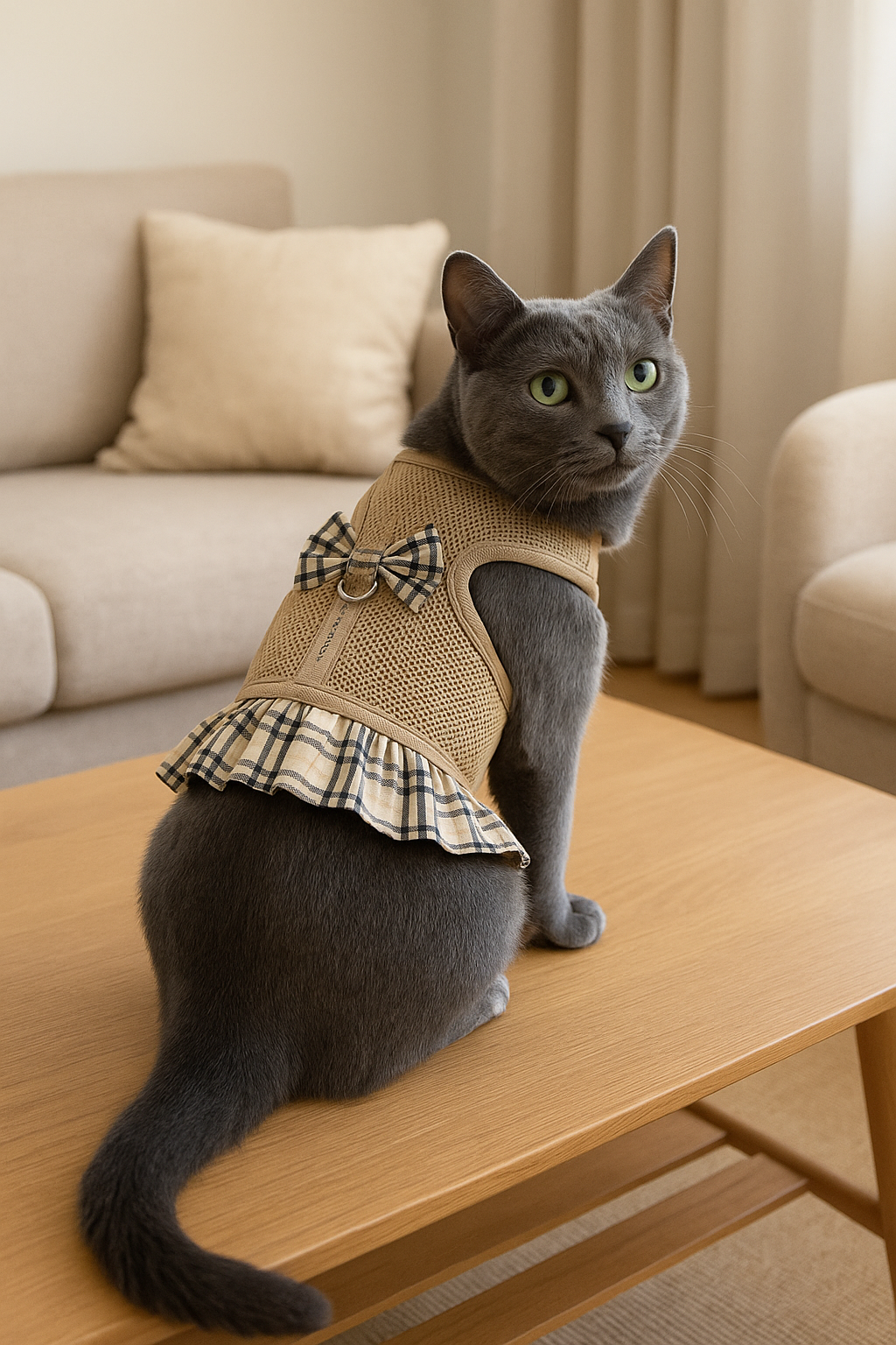 Parisian Pet ' Khaki Plaid' Harness Dress for Dogs & Cats – Fashionable and Comfortable Plaid Dog Harness Dress, Adjustable Fit