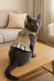 Parisian Pet ' Khaki Plaid' Harness Dress for Dogs & Cats – Fashionable and Comfortable Plaid Dog Harness Dress, Adjustable Fit