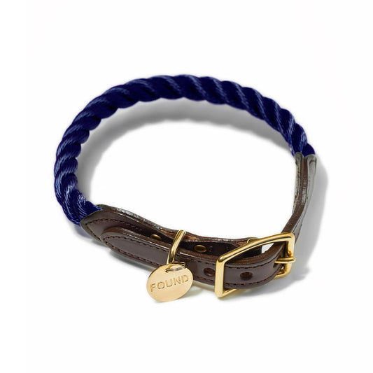 Dog Collars Premium Navy Rope & Leather Cat & Dog Collar