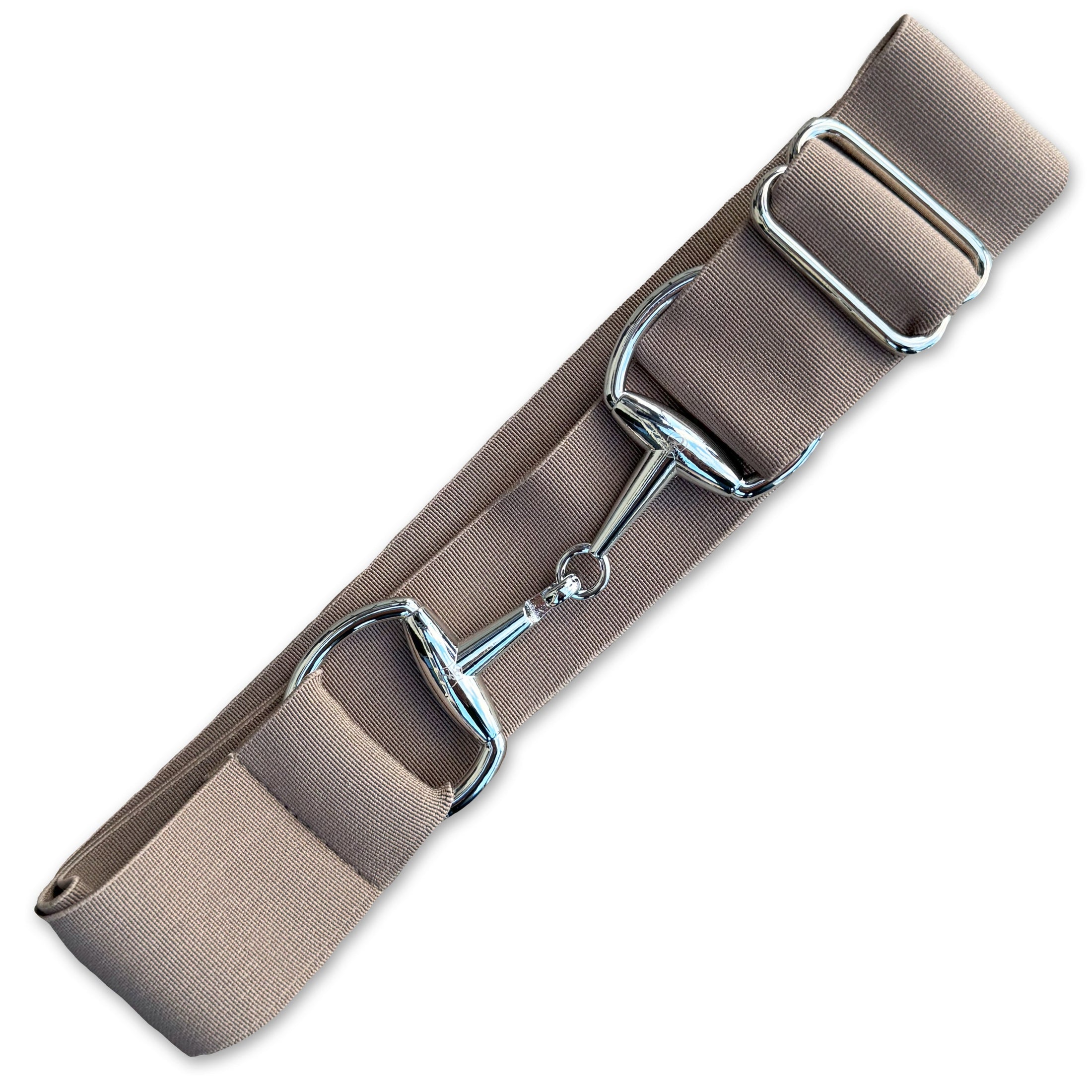 Nutmeg Elastic Equestrian Belt by Southlake Paws in a neutral tan color with silver metal buckles and adjustable design.