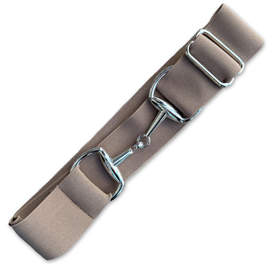 Nutmeg Elastic Equestrian Belt by Southlake Paws in a neutral tan color with silver metal buckles and adjustable design.