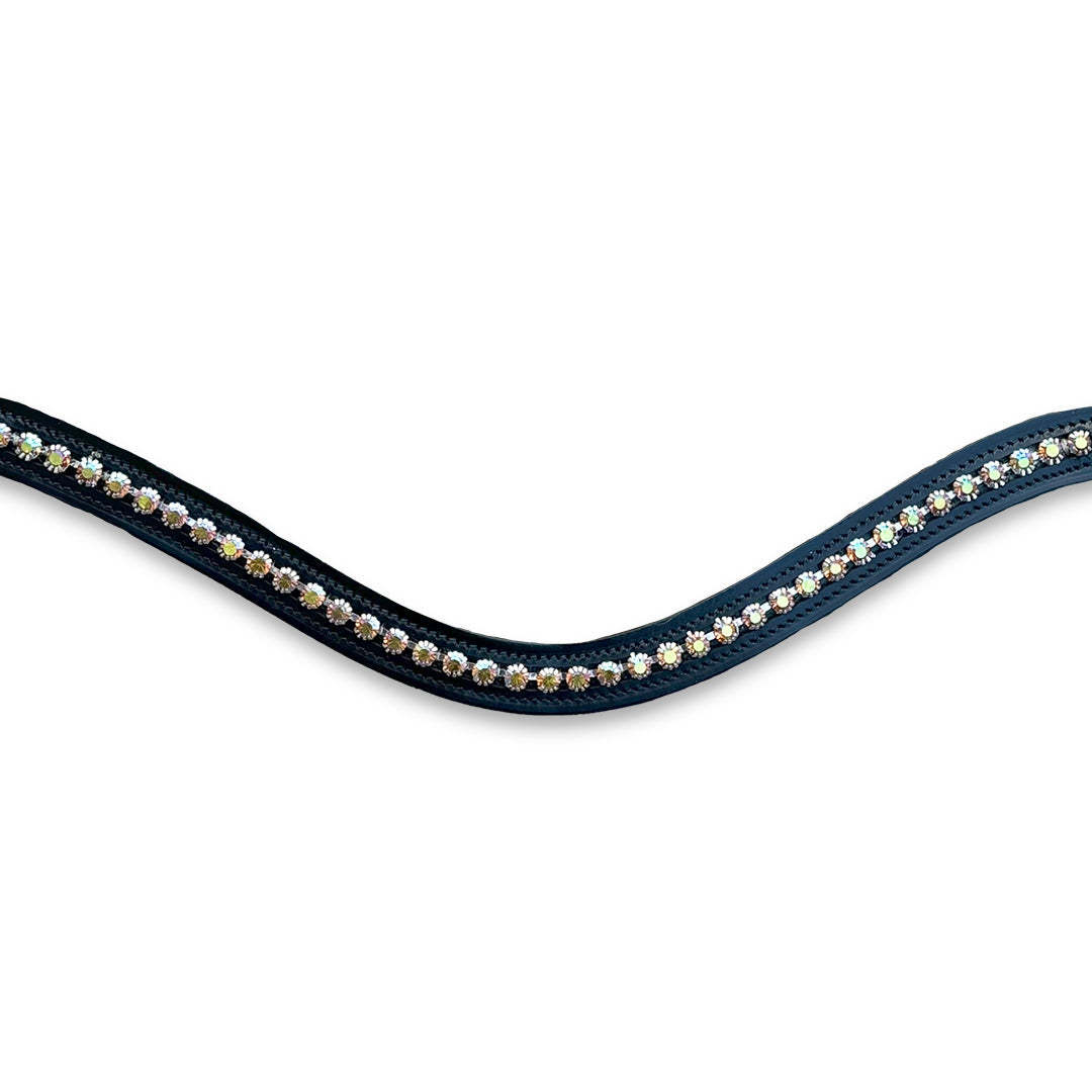 Nutmeg Browband by Southlake Paws featuring a wavy design with sparkling crystals along the edge on a dark background.