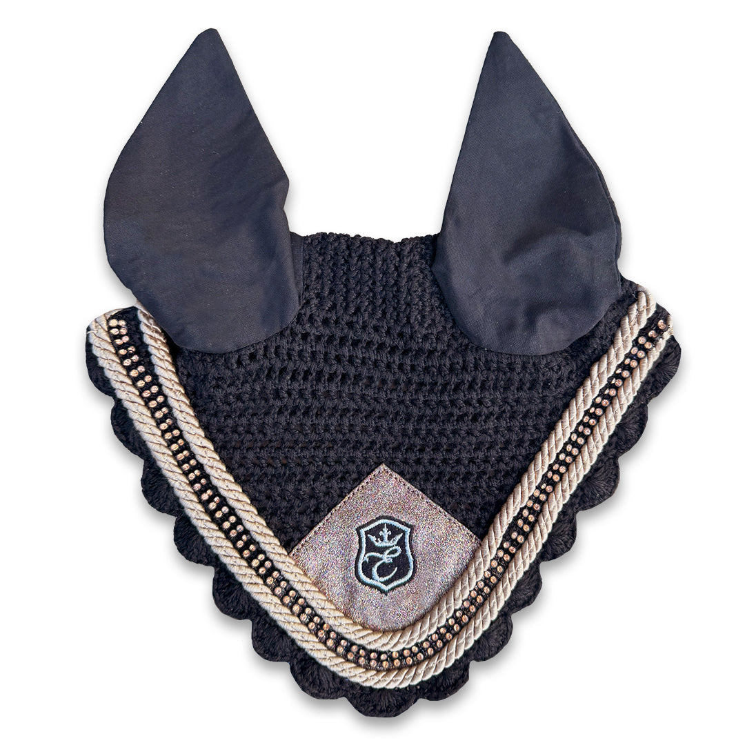 Southlake Paws Nutmeg Fly Hat featuring a black crocheted design with ear flaps and decorative trim.