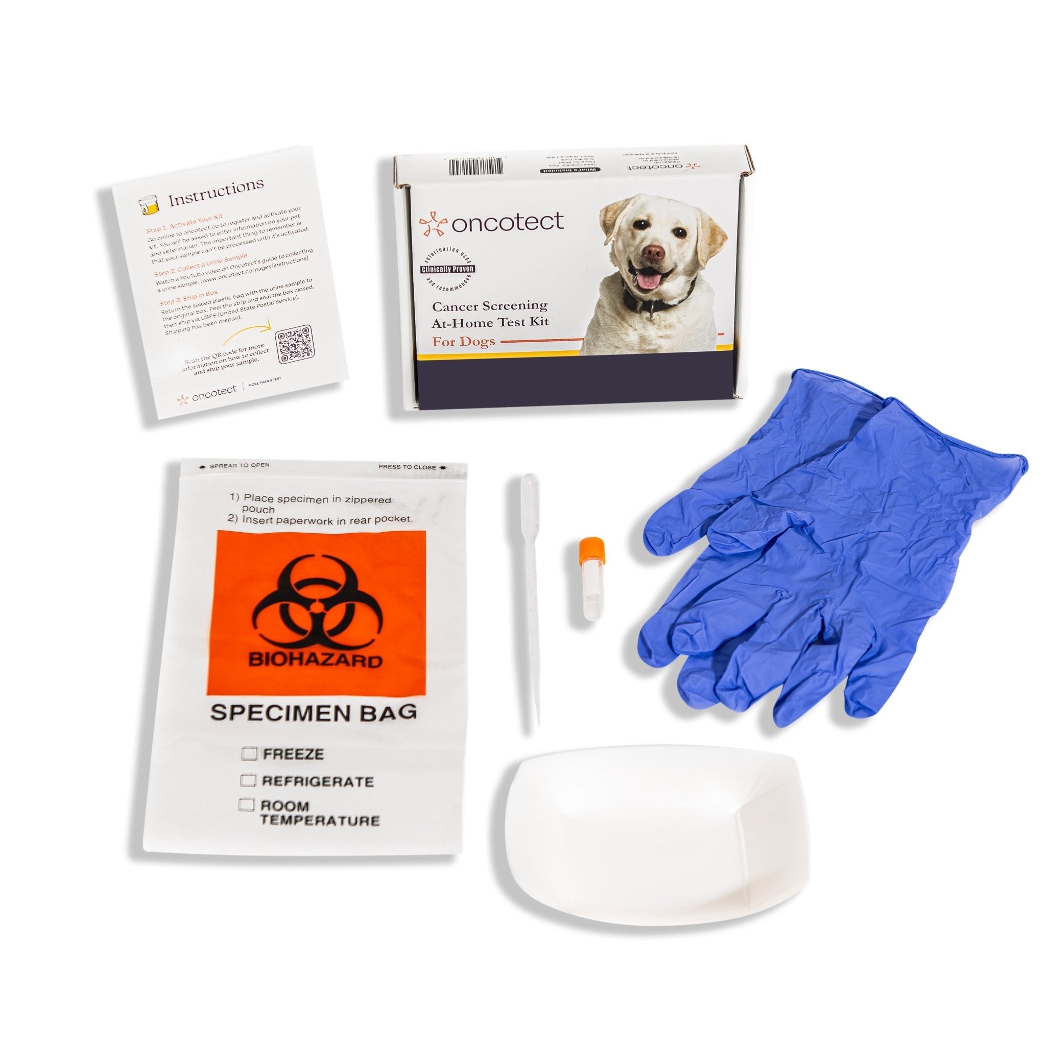 Oncotect Essential At-Home Dog Cancer Screening Test Kit by Southlake Paws, including instructions, gloves, specimen bag, and