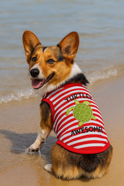 Parisian Pet 'Turtley Awesome' Dog Shirt – Fun Slogan Cotton Pet T-Shirt for Dogs & Cats, Red and White Stripes