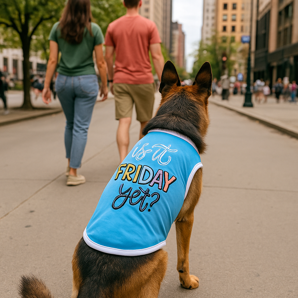 Parisian Pet 'Is It Friday Yet?' Embroidered Dog T-Shirt – Trendy Weekend Dog Apparel for Dogs & Cats, Light Blue