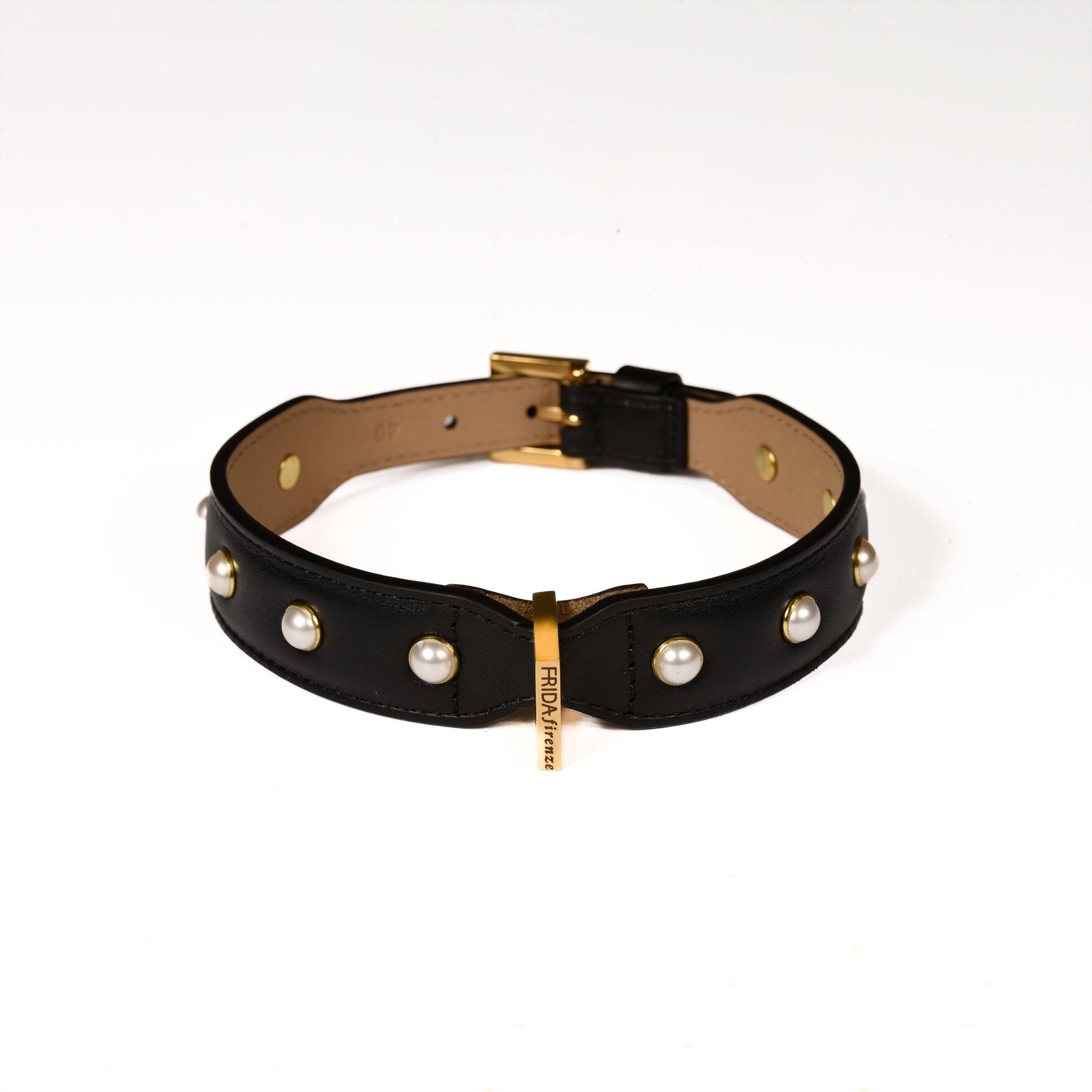Leather Dog Collar in Black - Pearl, Made in Italy