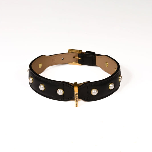 Leather Dog Collar in Black - Pearl, Made in Italy