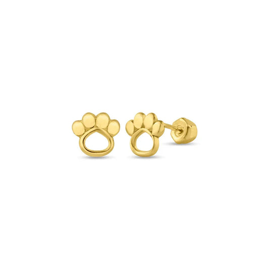 14K Gold Paw Print Stud Earrings with Screw Backs, featuring a cute paw print design in polished gold.