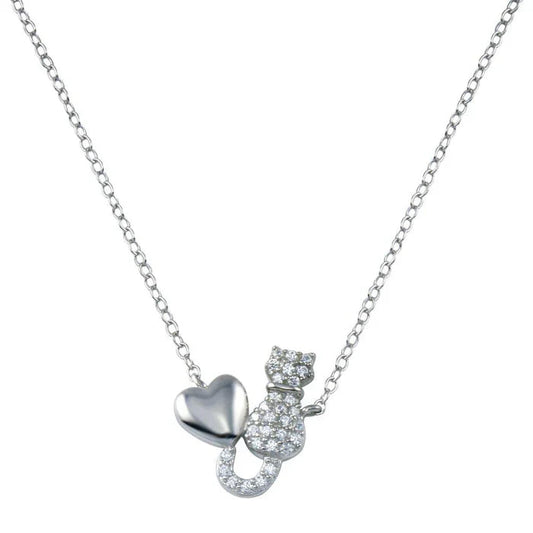 Silver chain necklace featuring a cat and heart design, adorned with sparkling crystals. Perfect for cat lovers.