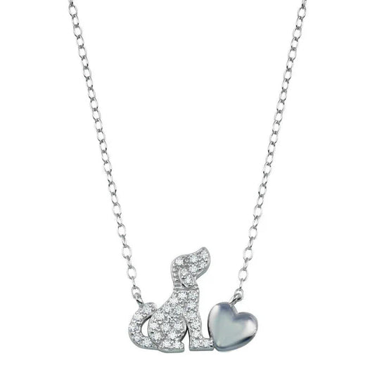 Silver chain necklace featuring a dog silhouette and heart charm, adorned with sparkling crystals. Perfect for dog lovers.