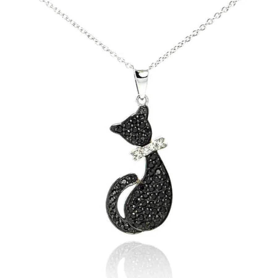 Black Cat Silver Chain Necklace by Southlake Paws featuring a black cat pendant with a sparkling bow detail.