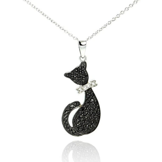 Black Cat Silver Chain Necklace by Southlake Paws featuring a black cat pendant with a sparkling bow detail.