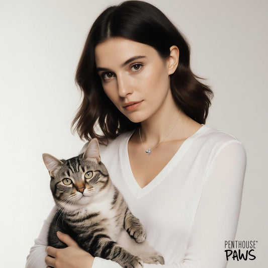 Silver chain necklace featuring a cat love pendant, worn by a woman holding a tabby cat. Elegant and stylish design.