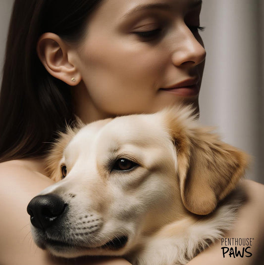 14K Gold Paw Print Stud Earrings with Screw Backs, worn by a woman holding a golden retriever puppy.