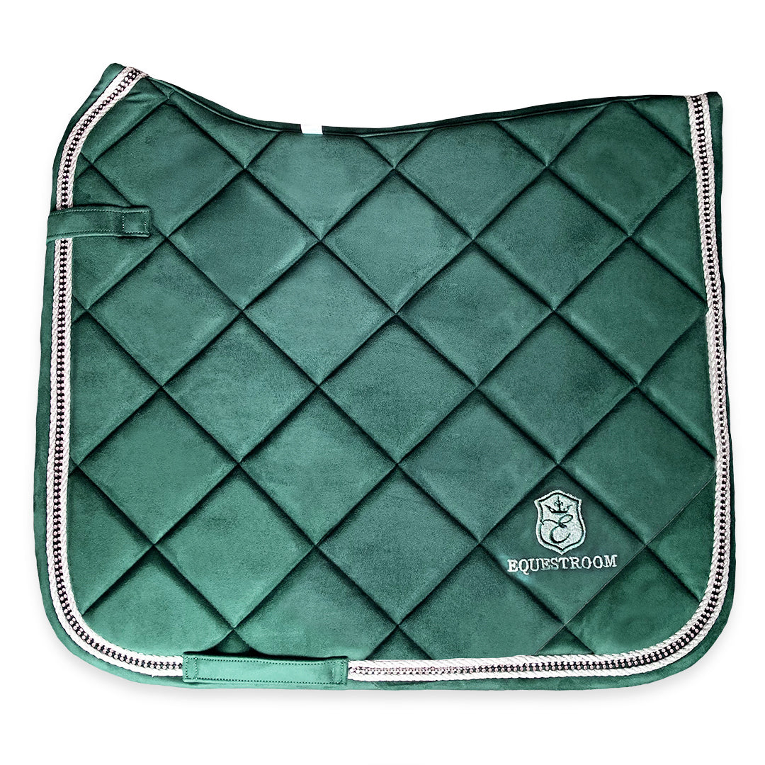 Southlake Paws Pine Grove Saddle Pad in deep green with diamond quilted pattern and silver trim. Features logo embroidery.