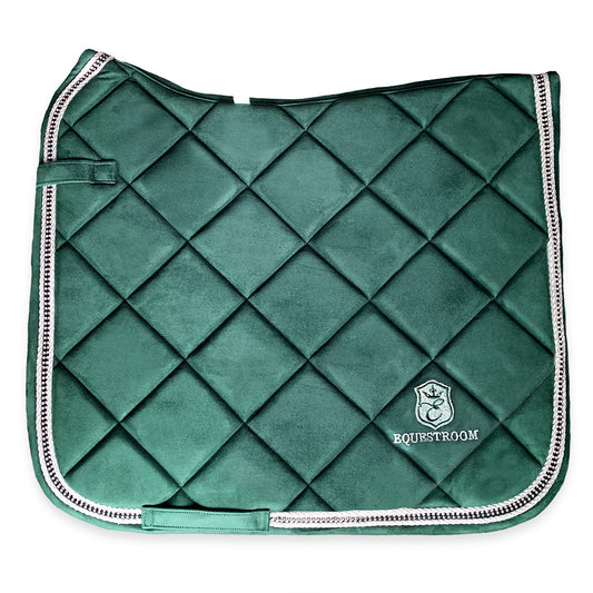 Southlake Paws Pine Grove Saddle Pad in deep green with diamond quilted pattern and silver trim. Features logo embroidery.