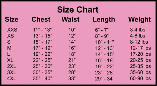 Peace, Love, & Happiness Denim Dog Jacket size chart