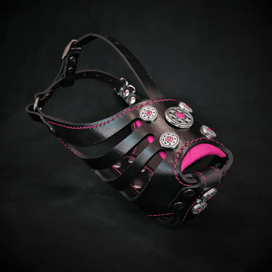 The ''Bijou'' Basket Muzzle Black & Pink by Bestia Dog Gear