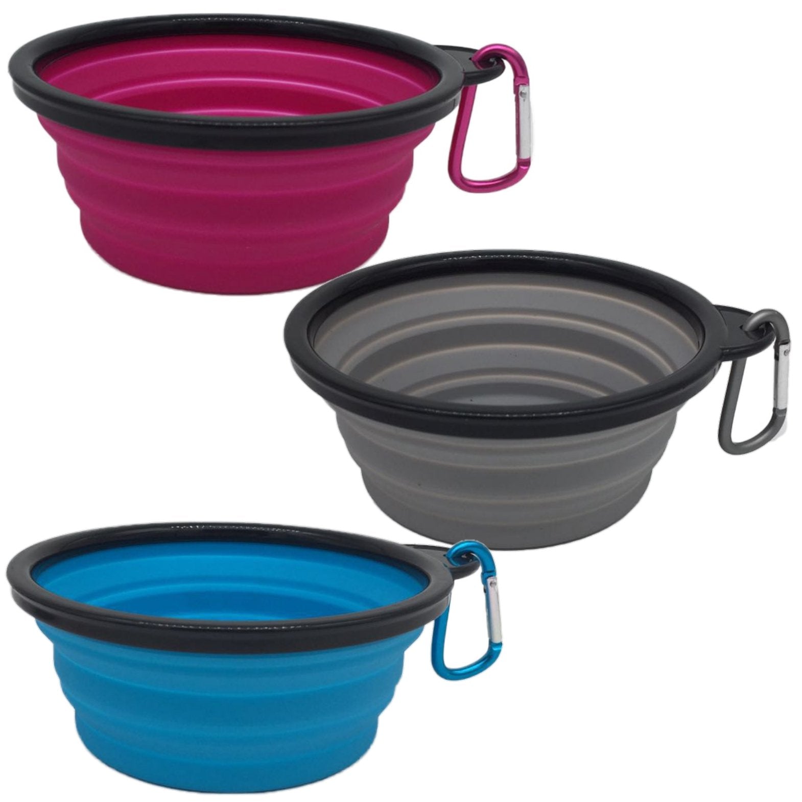 Mr. Peanut's 3 Pak XL (25oz) Collapsible Silicone Bowls with Color Matched Carabiner Clips - Southlake Paws