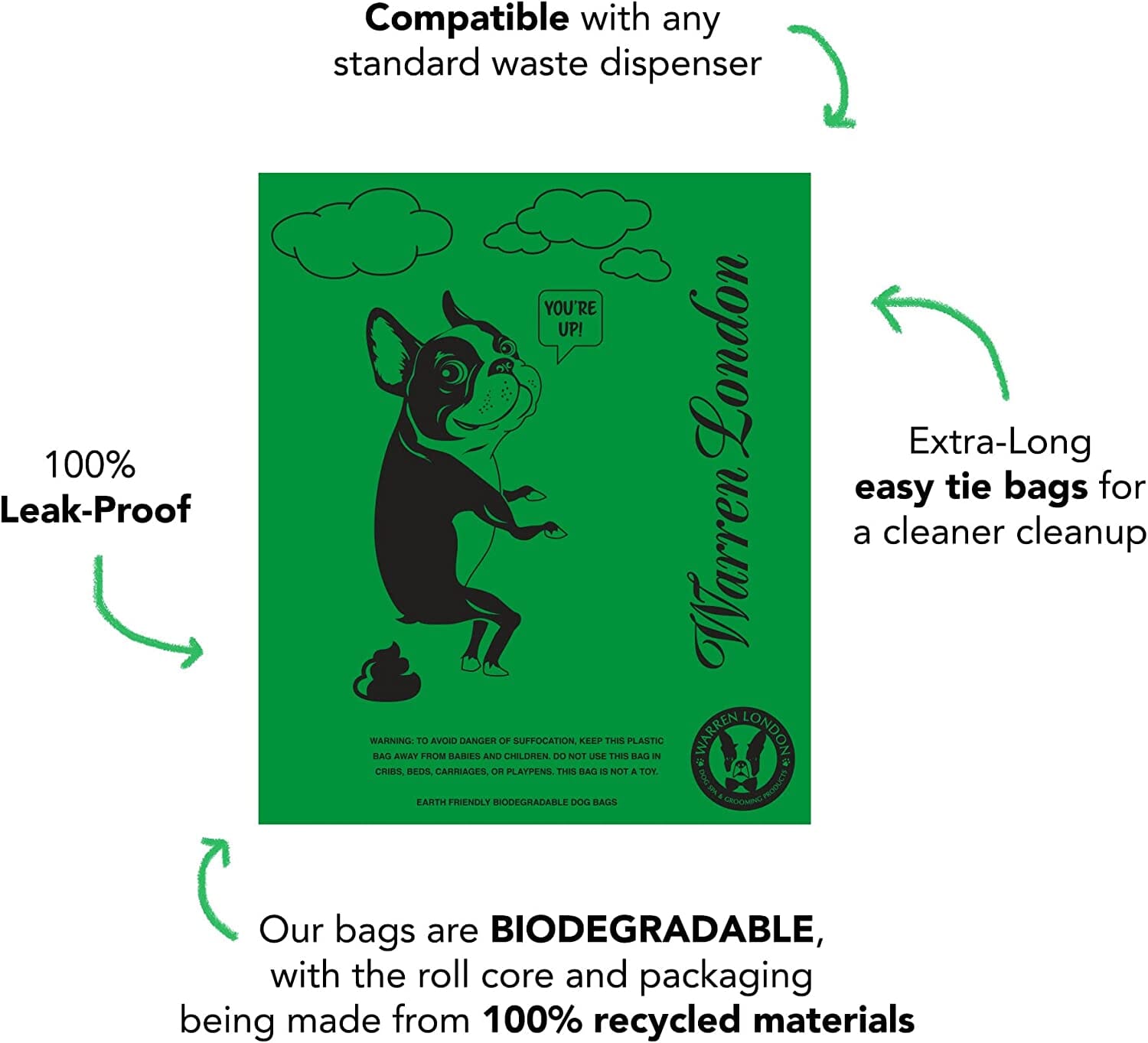 Green biodegradable dog poop bags from Southlake Paws, featuring a leak-proof design and extra-long tie handles for easy clea