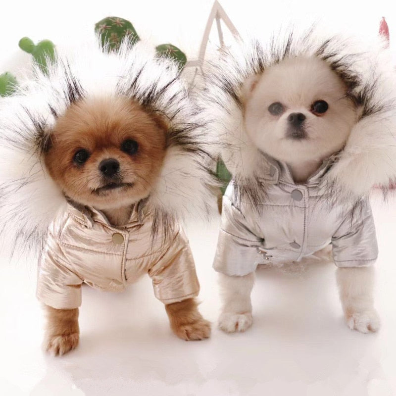 Metallic Silver/Gold Faux Fur Hooded Dog Coat - Southlake Paws