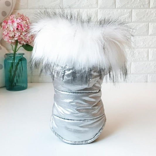 Metallic Silver/Gold Faux Fur Hooded Dog Coat - Southlake Paws