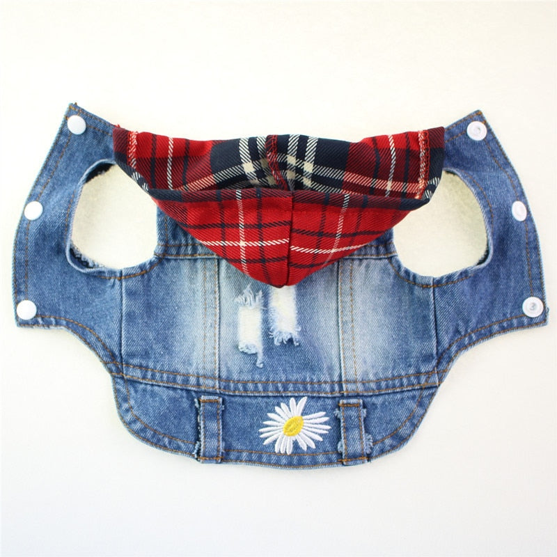 Red Plaid Hoodie Denim Dog Jacket - Southlake Paws