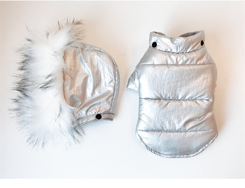 Metallic Silver/Gold Faux Fur Hooded Dog Coat - Southlake Paws