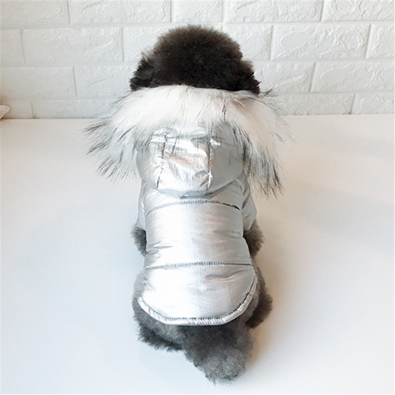 Metallic Silver/Gold Faux Fur Hooded Dog Coat - Southlake Paws