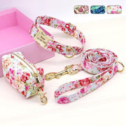 Floral Dog Collar & Leash Set With Matching Poop Bag Case | Personalized Free