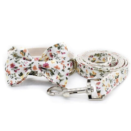 White Floral Bow Tie Dog Collar & Leash Set | Personalized Free - Southlake Paws