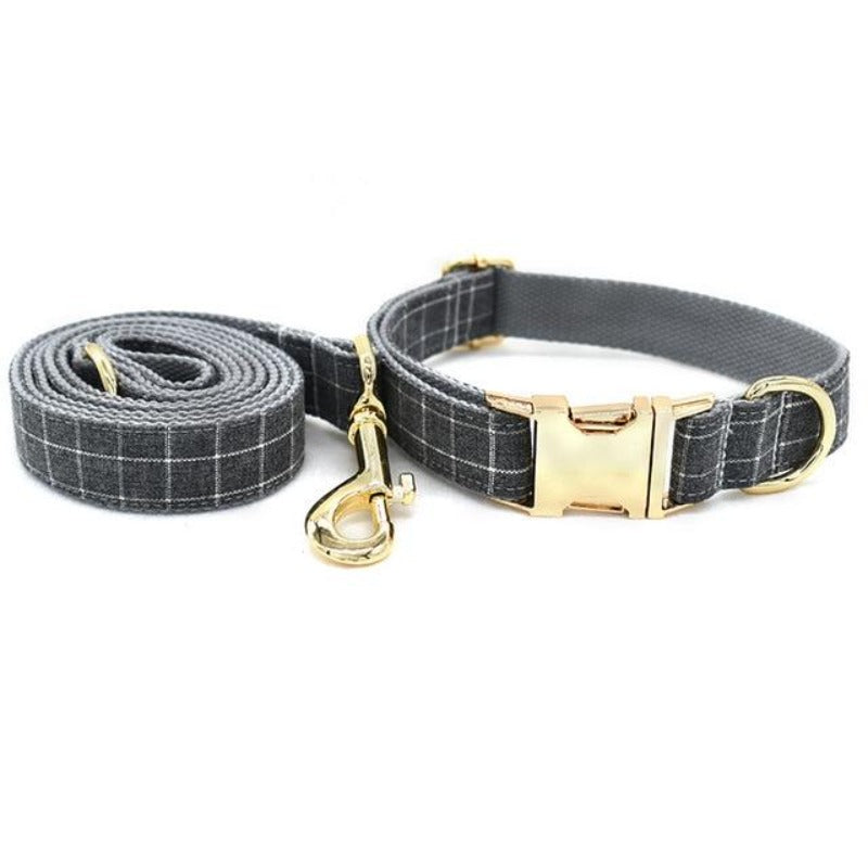 Classic Gray Check Bow Tie Dog Collar & Leash Set | Personalized Free - Southlake Paws