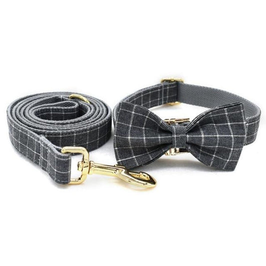 Classic Gray Check Bow Tie Dog Collar & Leash Set | Personalized Free - Southlake Paws