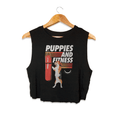 Load image into Gallery viewer, Black crop top featuring a graphic of a dog next to a punching bag with the text "Puppies and Fitness." Perfect for dog lover
