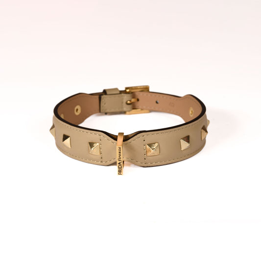 Leather Dog Collar in Mud - Pyramid, Made in Italy