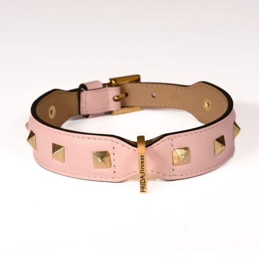 Leather Dog Collar in Pink - Pyramid, Made in Italy