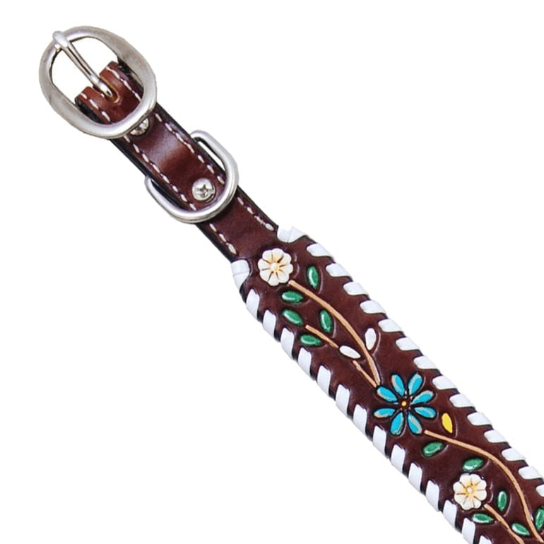 Brown leather dog collar featuring floral vine design with colorful flowers and white stitching. Adjustable metal buckle.