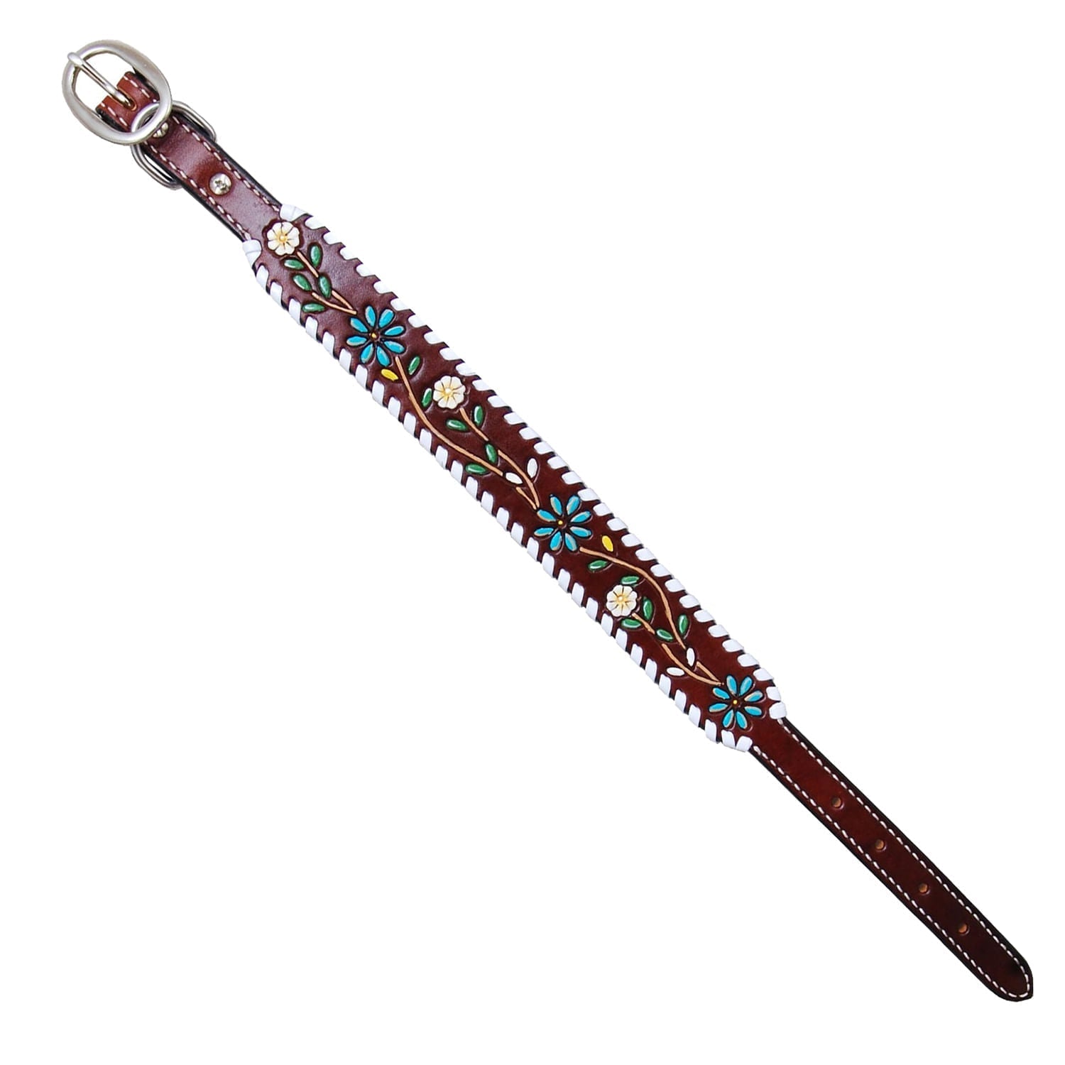 Rafter T Floral Vine Dog Collar by Southlake Paws, featuring a brown leather strap with colorful floral embroidery.
