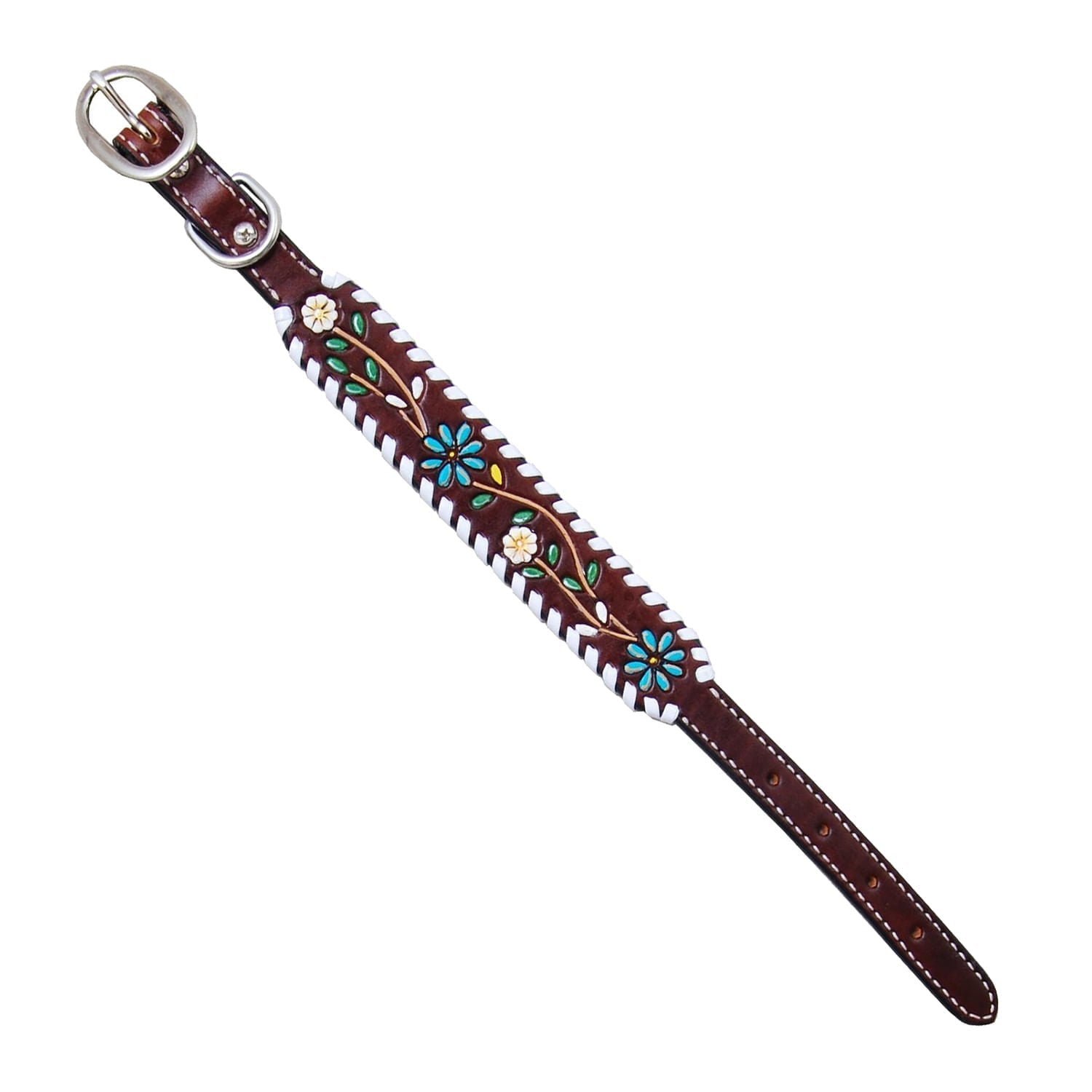 Rafter T Floral Vine Dog Collar by Southlake Paws featuring a brown leather strap with colorful floral designs.