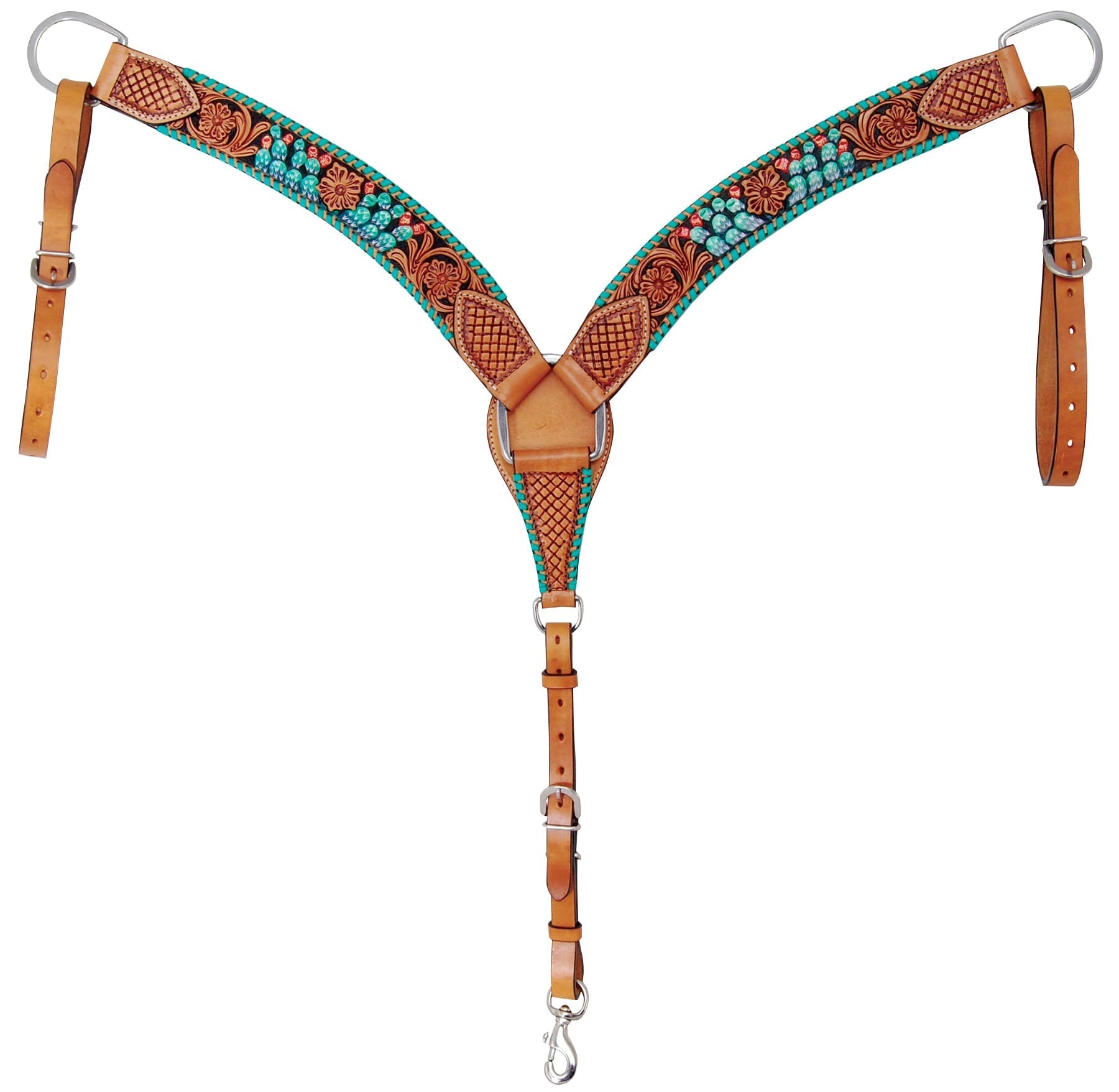 Rafter T Painted Cactus Breast Collar by Southlake Paws, featuring colorful cactus designs on a leather base with metal hardw