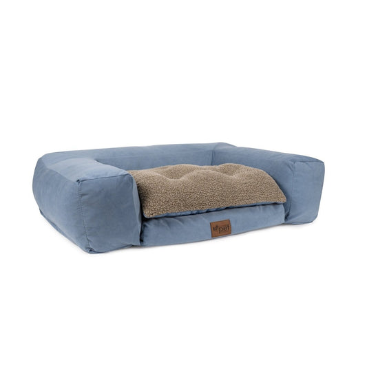 Blue pet bed with a brown cushion on a white background