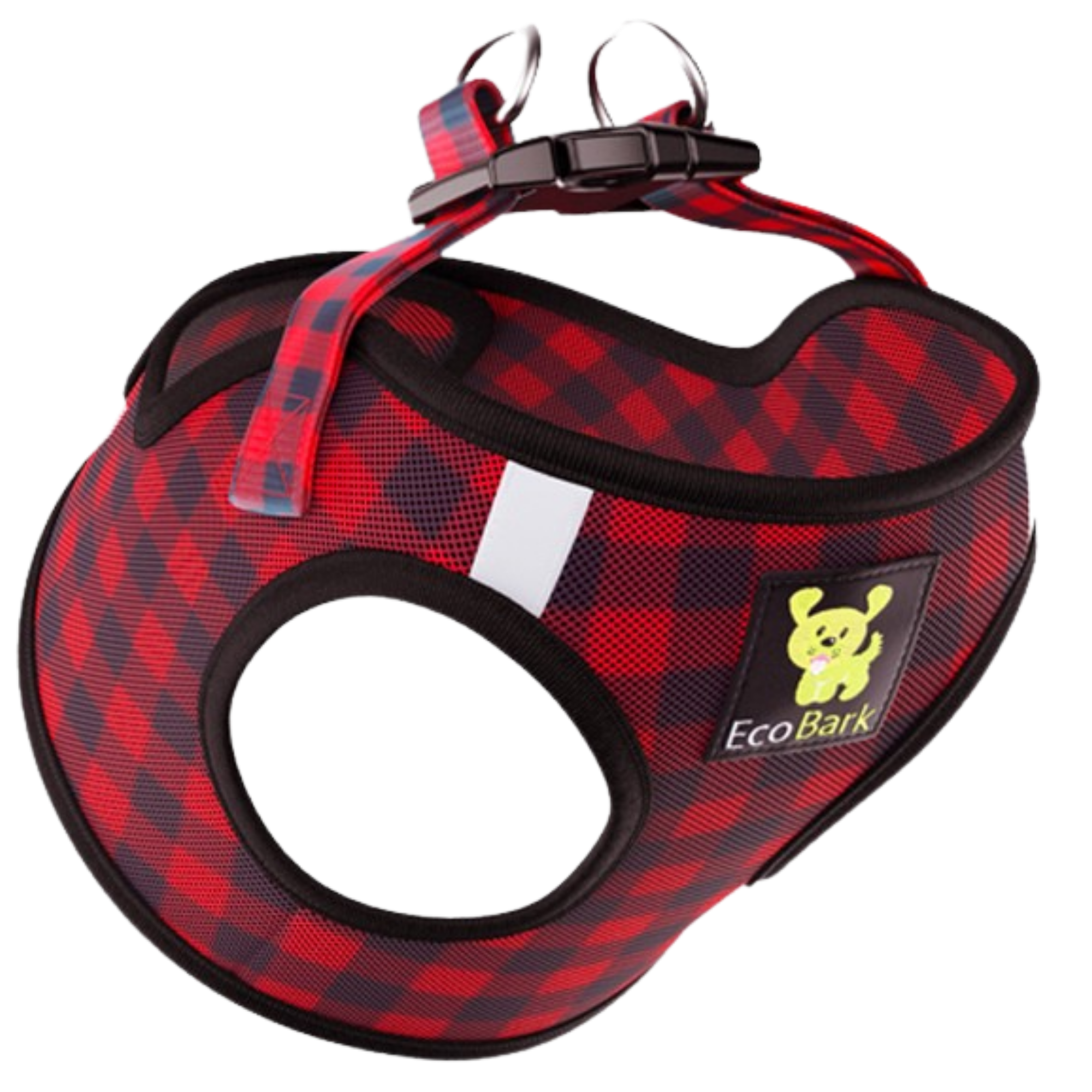 Red and black checkered dog harness with EcoBark logo on a white background