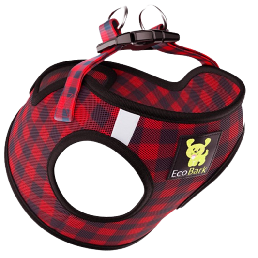 Red and black checkered dog harness with EcoBark logo on a white background