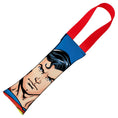 Load image into Gallery viewer, Dog Toy Squeaky Tug Toy - Superman Face + Shield Icon CLOSE-UP Blue Red - RED Webbing
