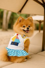 Parisian Pet 'Boat Dress' for Dogs and Cats, Designer Dog Dress, Tropical Apparel, Yellow Blue Red White