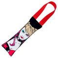 Load image into Gallery viewer, Dog Toy Squeaky Tug Toy - Harley Quinn Face + Diamond Icon CLOSE-UP Black Red - RED Webbing

