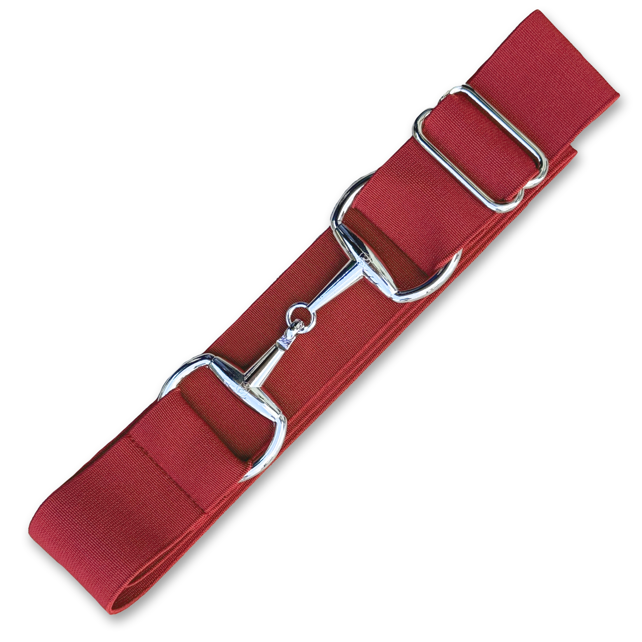 Crimson Red Elastic Equestrian Belt by Southlake Paws with silver metal hardware and adjustable loops.